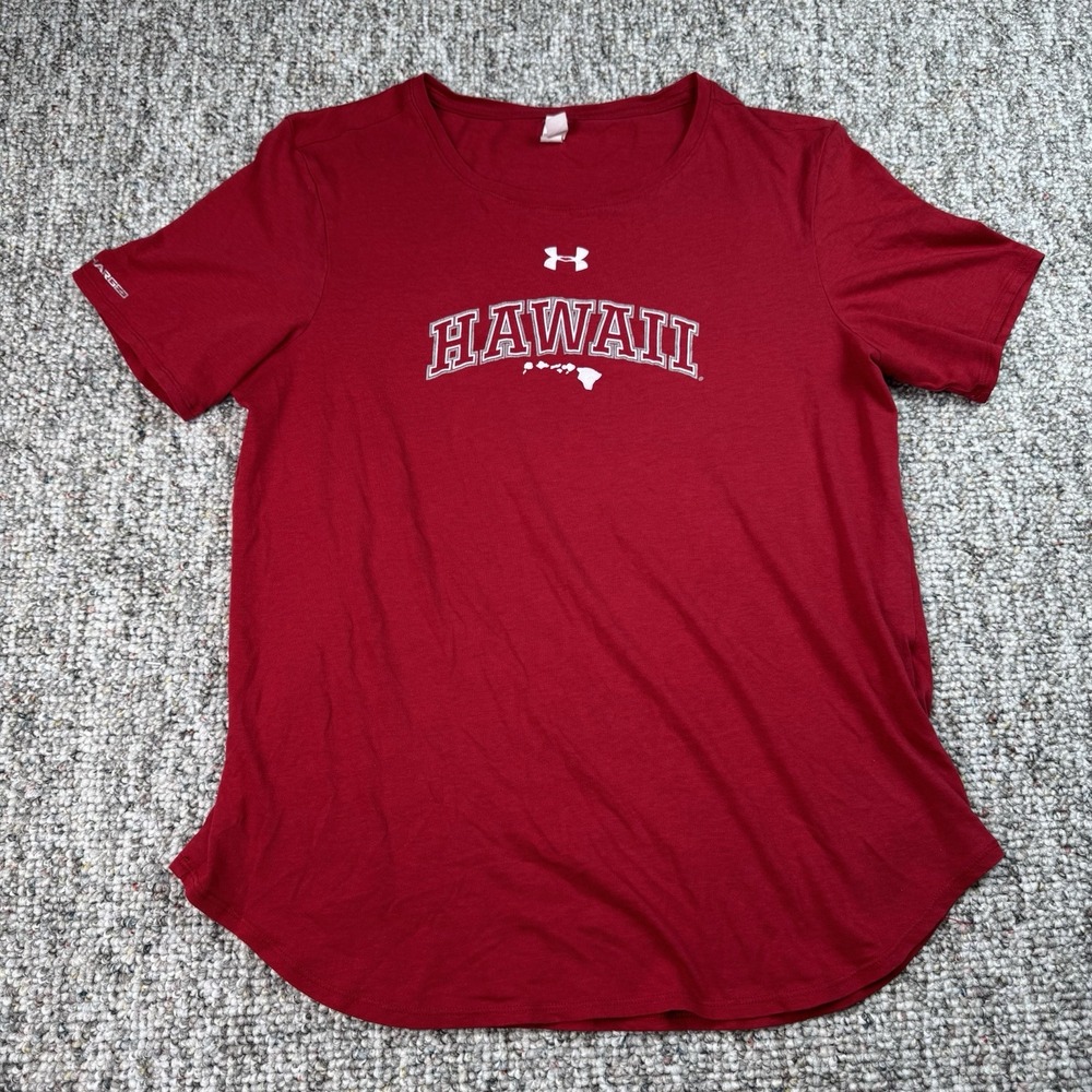 Under Armour Hawaii Shirt Womens Large Short Sleeve Heat Gear Gym Activewear Red